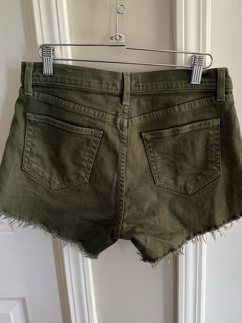 L'AGENCE Olive Green High-Rise Frayed Hem Denim Shorts